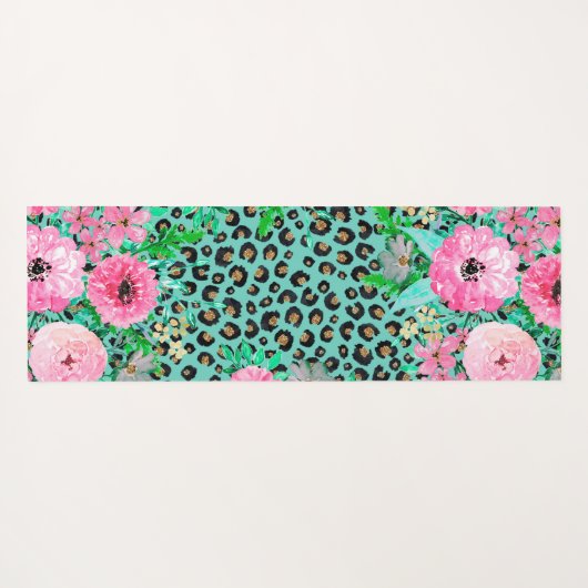 Elegant Mint Leopard Print en Floral Design Yogamat (Achterkant (horizontaal))