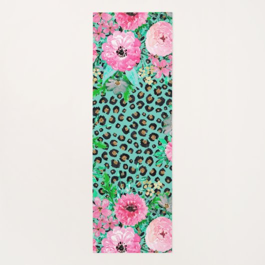 Elegant Mint Leopard Print en Floral Design Yogamat (Achterkant)