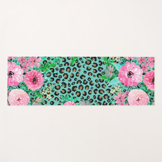 Elegant Mint Leopard Print en Floral Design Yogamat (Voorkant (horizontaal))