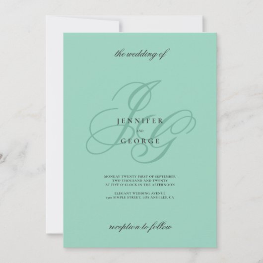 Elegant mint monogram initials romantic wedding kaart (Voorkant)