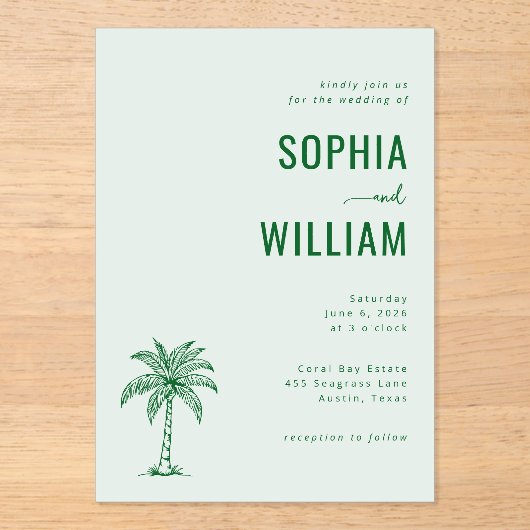 Elegant Mint Palm Tree Acryl Uitnodigingen (Voorkant)