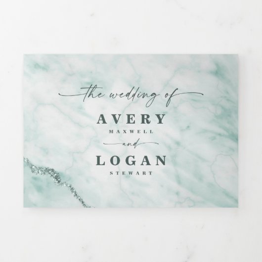 Elegant Mint Pastel Green Metallic Marmer Wedding Drieluik Uitnodiging (Cover)