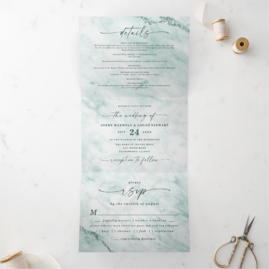 Elegant Mint Pastel Green Metallic Marmer Wedding Drieluik Uitnodiging (Binnen)