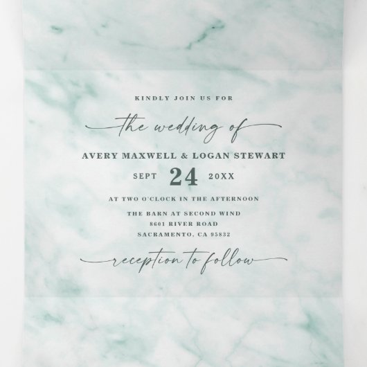Elegant Mint Pastel Green Metallic Marmer Wedding Drieluik Uitnodiging (Binnenkant midden)