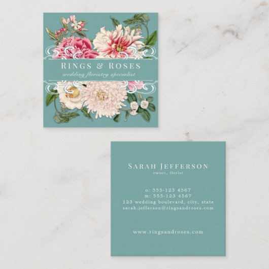 Elegant Mint  Pink Floral Botanicals Swirls Vierkante Visitekaartje (Voorkant / Achterkant)