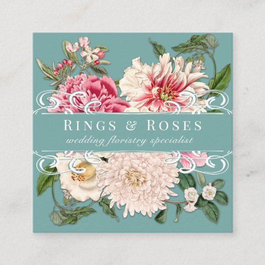Elegant Mint  Pink Floral Botanicals Swirls Vierkante Visitekaartje (Voorkant)
