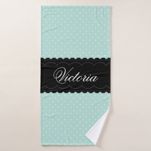 Elegant Mint Polka Dot Pattern Zwarte Eigen naam Badhanddoek (Badhanddoek)