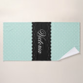 Elegant Mint Polka Dot Pattern Zwarte Eigen naam Badhanddoek (Badhanddoek)