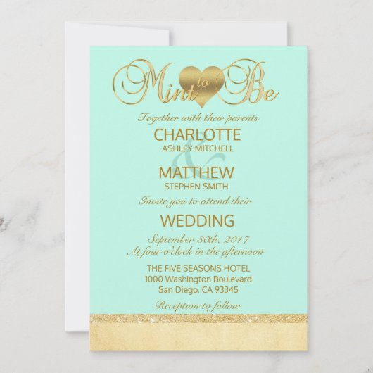 Elegant MINT VOOR Gold Modern Wedding Invitation Kaart (Voorkant)