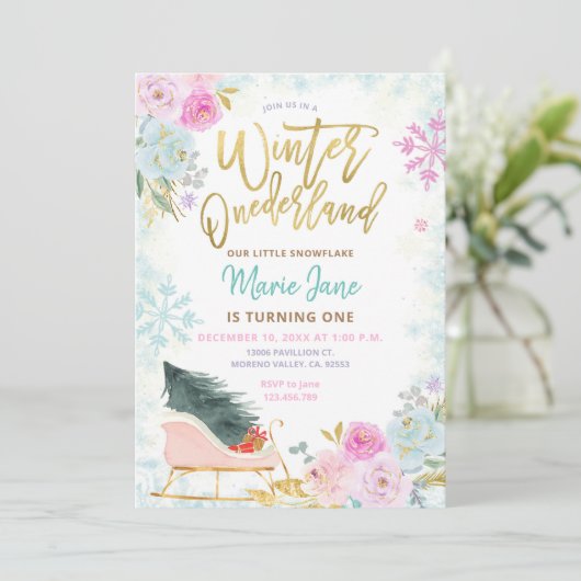 Elegant Mint Winter Onederland Birthday Invitation Kaart (Staand voorkant)