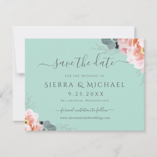 Elegant Mintgroene Roze Bloemige Save The Date Aankondiging (Voorkant)