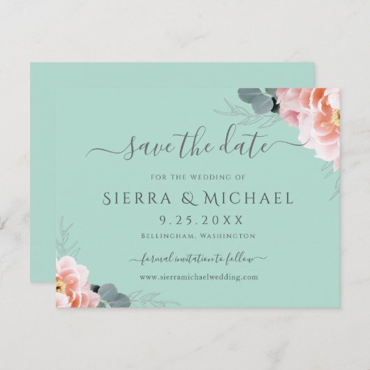Elegant Mintgroene Roze Bloemige Save The Date Aankondiging (Voorkant / Achterkant)