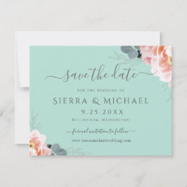 Elegant Mintgroene Roze Bloemige Save The Date Aankondiging