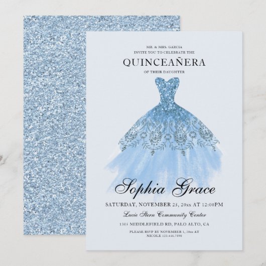 Elegant Mis Quince Blue Glitter Quinceañera Kaart (Voorkant / Achterkant)