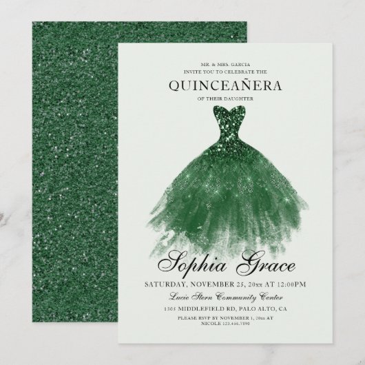 Elegant Mis Quince Green Glitter Quinceañera Kaart (Voorkant / Achterkant)