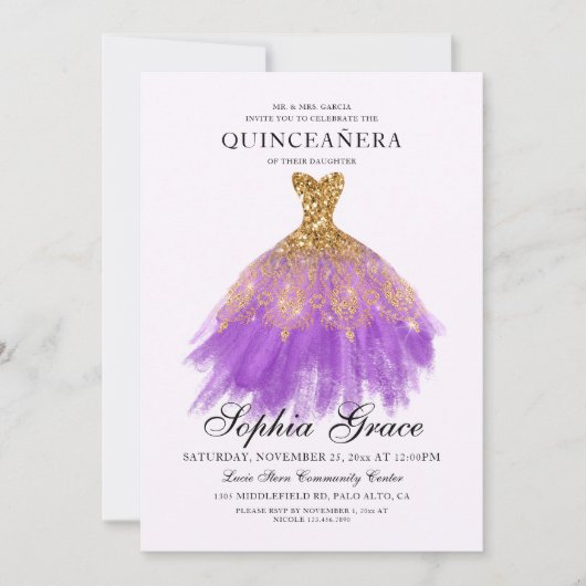 Elegant Mis Quince Paars Gold Glitter Quinceañera Kaart (Voorkant)
