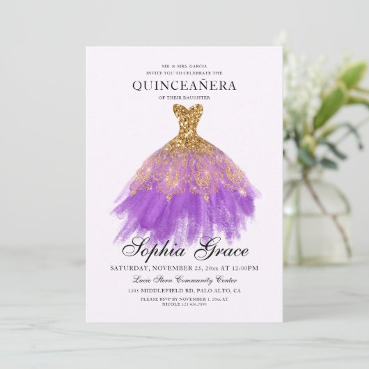 Elegant Mis Quince Paars Gold Glitter Quinceañera Kaart (Staand voorkant)