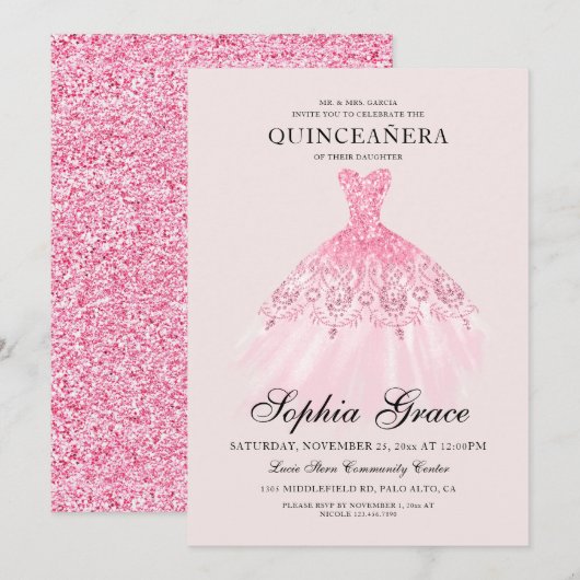 Elegant Mis Quince Pink Glitter Quinceañera Kaart (Voorkant / Achterkant)