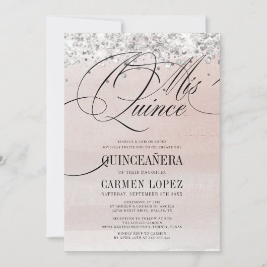Elegant Mis Quince Silver & Pink Rose Quinceanera Kaart (Voorkant)