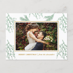 Elegant Mistletoe Green en Gold Photo Kerstmis Feestdagenkaart