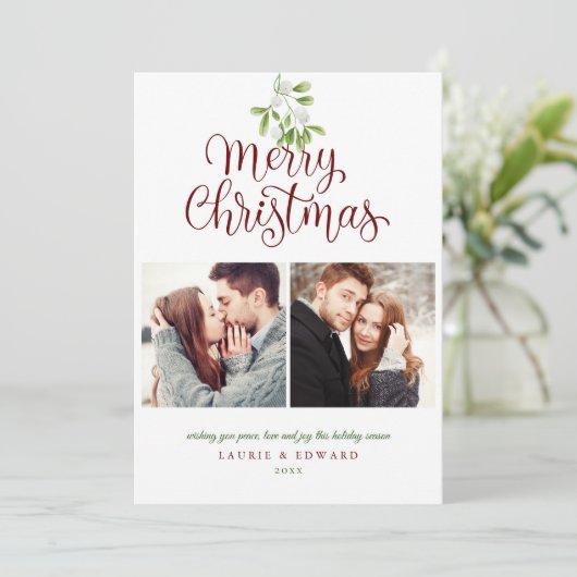 Elegant Mistletoe Merry kerstparen 2 Foto Feestdagenkaart (Staand voorkant)