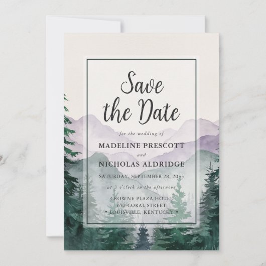 Elegant Misty Mountain Forest Save the Date Kaart (Voorkant)