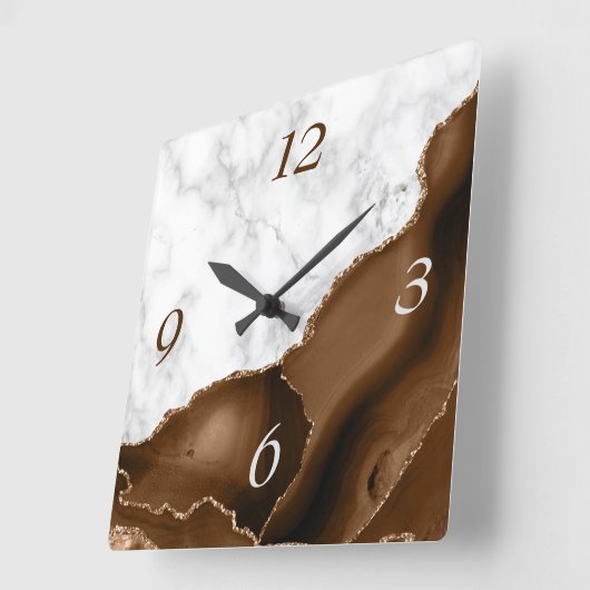 Elegant Mocha Brown Agate Gold Glitter Marble Vierkante Klok (Hoek)
