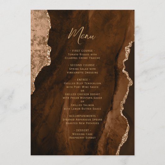 Elegant Mocha Brown Gold Agate Wedding Menu (Voorkant)