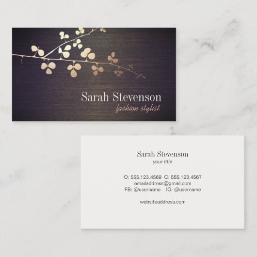 Elegant Mode Stylist Gold Branch Wood Visitekaartje (Voorkant / Achterkant)