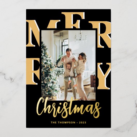 Elegant modern 2 Photo Merry Kerstscript Folie Feestdagenkaart (Voorkant)