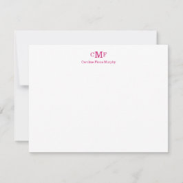 Elegant modern 3 monogram magenta roze streep notitiekaartje
