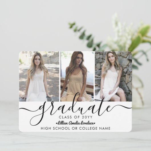 Elegant Modern 4 Photo Collage Script Afstuderen Aankondiging (Staand voorkant)
