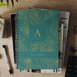 Elegant modern aangepast monogram en noem groen planner<br><div class="desc">Stijlvolle luxe donkersmaragdgroene monogrammed 2025 planner met trendy faux gold omtrek bloemenmotief gepersonaliseerd met jouw naam en tekst.</div>