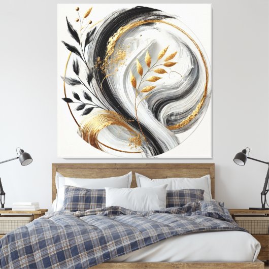Elegant Modern Abstract-Zwart Wit en Goud- Canvas Afdruk (Insitu (Slaapkamer))