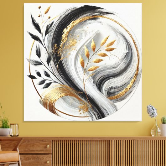 Elegant Modern Abstract-Zwart Wit en Goud- Canvas Afdruk (Insitu (Woonkamer))