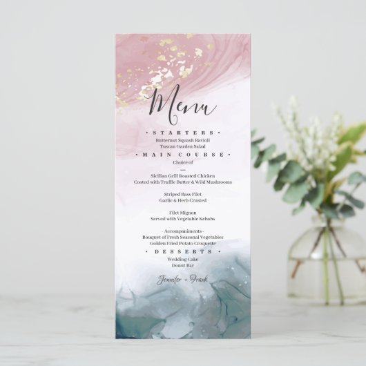 Elegant Modern Alcohol Ink Blush Blue Waterverf Menu (Staand voorkant)