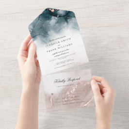 Elegant Modern Alcohol Ink Goud Blush Blauw Minima All In One Uitnodiging