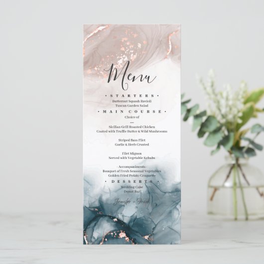 Elegant Modern Alcohol Ink Goud Blush Blauw Minima Menu (Staand voorkant)
