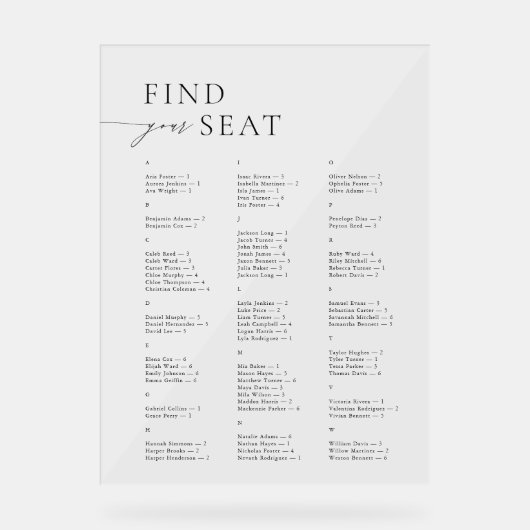 Elegant Modern Alphabetical Find Your Seat Wedding Acryl Bord (Voorkant)
