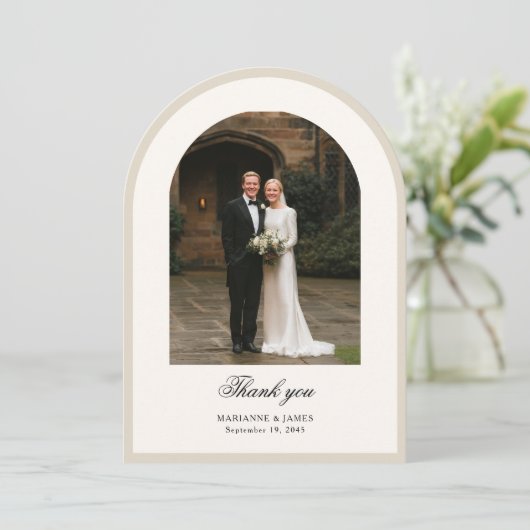 Elegant Modern Arch Photo Wedding Thank You Card Kaart (Staand voorkant)
