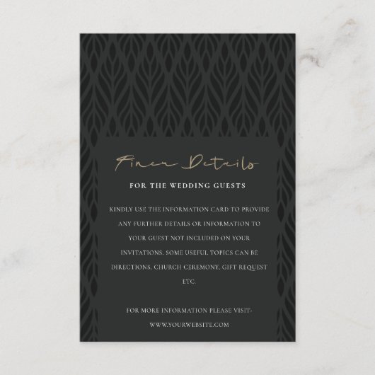 ELEGANT MODERN ART DECO BLACK GOLD WEDDING DETAILS INFORMATIEKAARTJE (Voorkant)