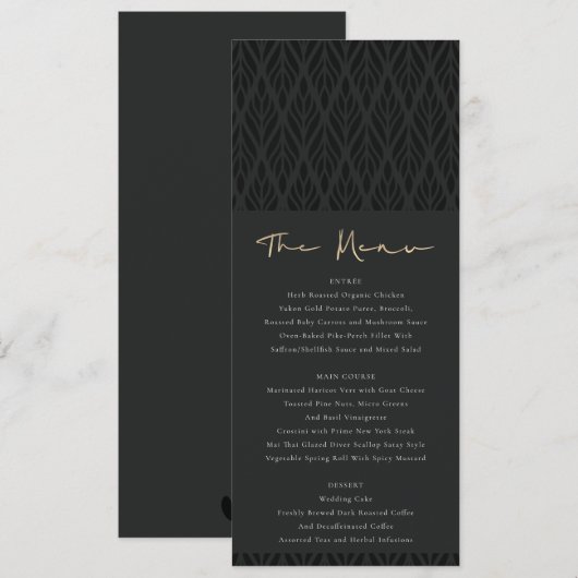ELEGANT MODERN ART DECO BLACK GOLD WEDDING MENU KAART (Voorkant / Achterkant)