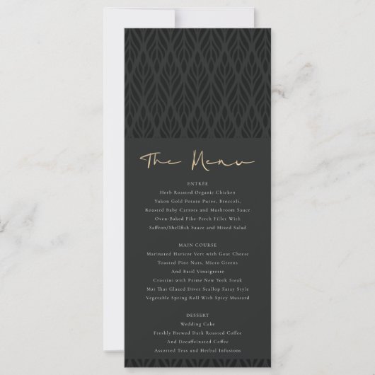 ELEGANT MODERN ART DECO BLACK GOLD WEDDING MENU KAART (Voorkant)
