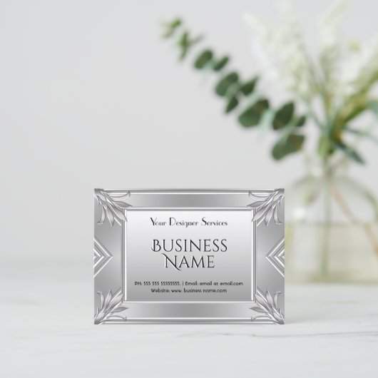Elegant modern Art Deco Faux Silver Metal Chrome Visitekaartje (Staand voorkant)