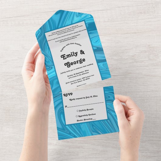 Elegant Modern Artistic Blue Abstract Wave Wedding All In One Uitnodiging (Afscheurbaar)