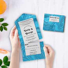 Elegant Modern Artistic Blue Abstract Wave Wedding All In One Uitnodiging