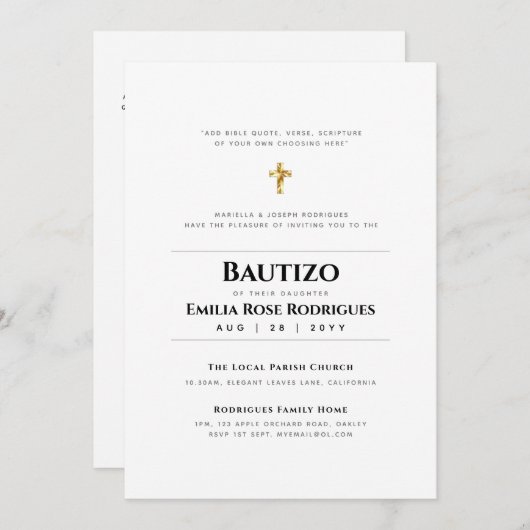 Elegant Modern BAUTIZO Bautismo Baptism - ADD VERS Kaart (Voorkant / Achterkant)