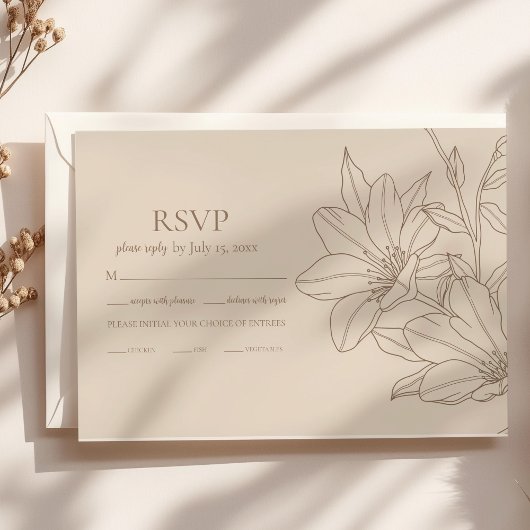 Elegant Modern Beige Lineart Bloemenbruiloft RSVP Kaartje