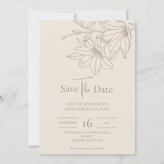Elegant Modern Beige Lineart Bloemenbruiloft Save The Date (Voorkant)