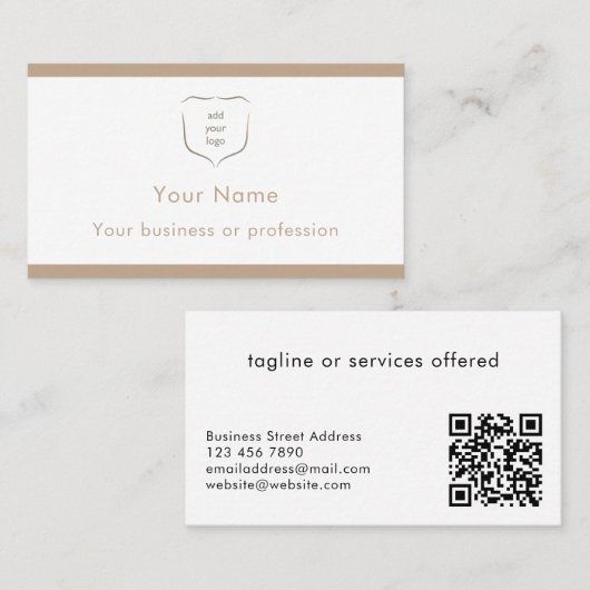 Elegant Modern Beige Logo QR Code Professional Visitekaartje (Voorkant / Achterkant)
